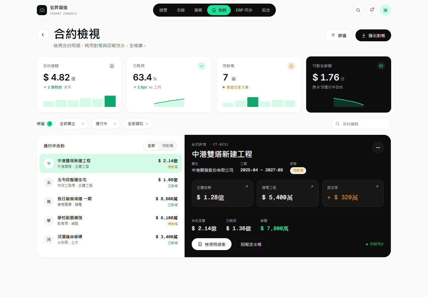 方向 C 旗艦：合約檢視，Mintlify 配色搭主從式版型